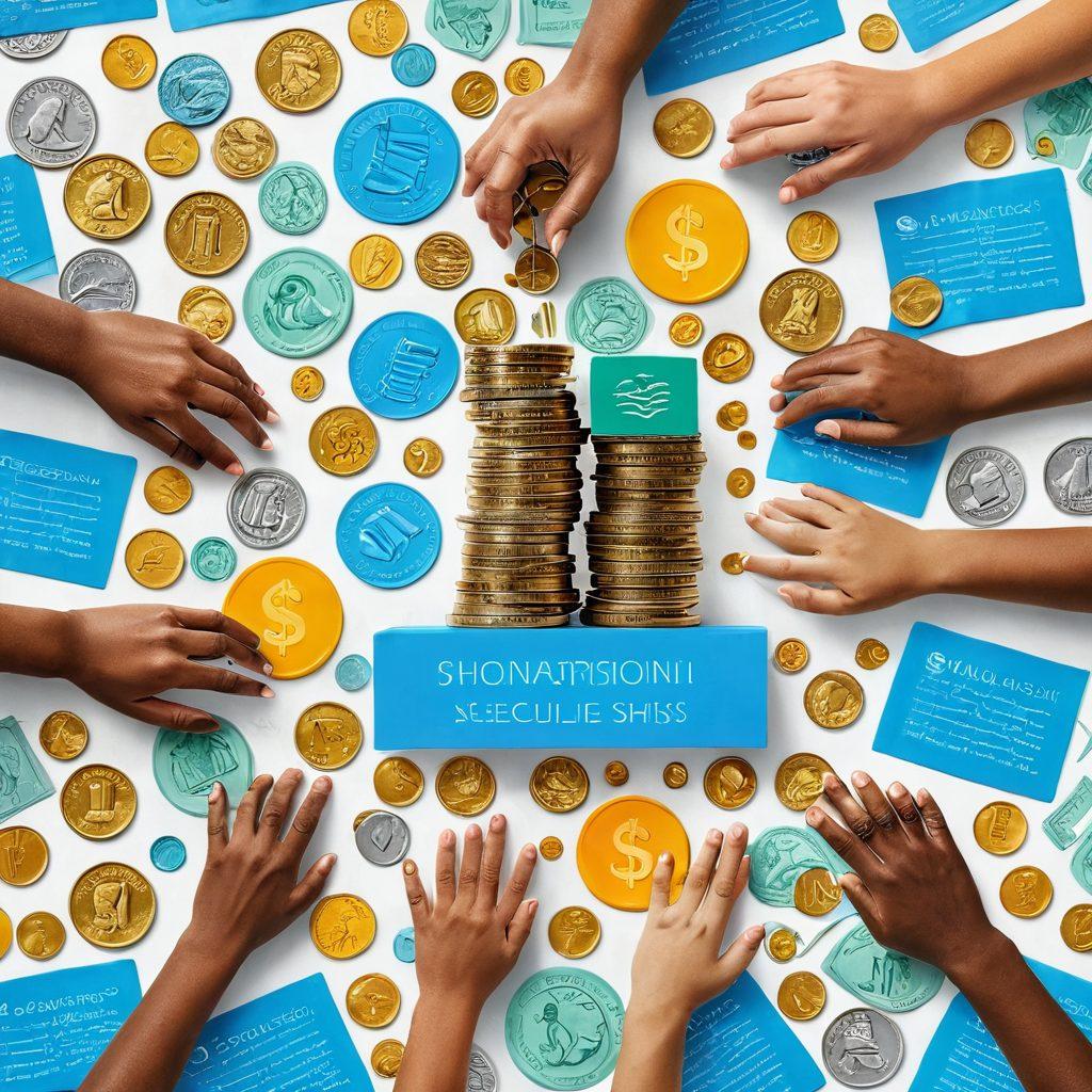 A vibrant collage depicting various financial relief symbols: stacks of coins, scholarships, grant applications, and hands exchanging support funds. Incorporate icons representing education, community help, and financial growth, surrounded by a bright and hopeful background. The elements should convey a sense of support and opportunity. super-realistic. vibrant colors. white background.