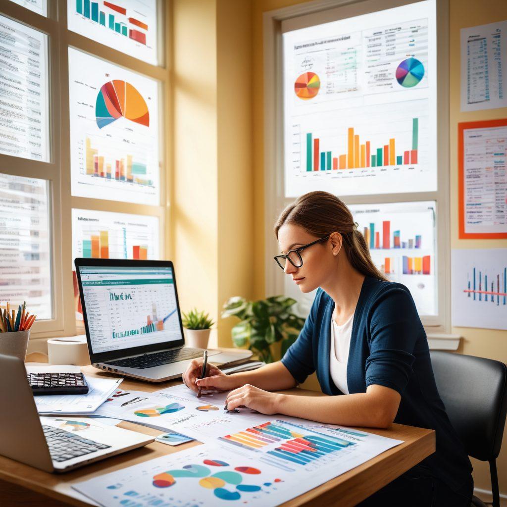 A focused individual sitting at a desk covered with financial documents, calculators, and a laptop displaying a budgeting spreadsheet. They are surrounded by colorful charts and graphs illustrating financial growth. A warm, inviting light pours in through a window, emphasizing the theme of financial clarity and empowerment. The overall atmosphere conveys motivation and expertise in mastering finances. super-realistic. vibrant colors. natural lighting.